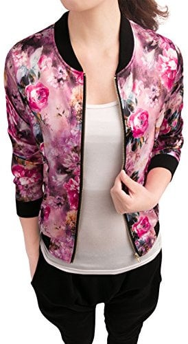 Allegra K Women's Stand Collar Lightweight Zip Up Floral Bomber Jacket Fuchsia M