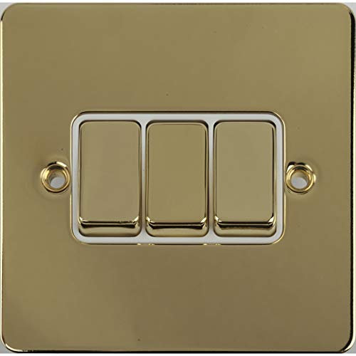 Schneider Electric Ultimate Flat Plate - 3 Gang Rocker 2 Way Light Switch, Single Pole, 16AX, GU1232WPB, Polished Brass with White Insert