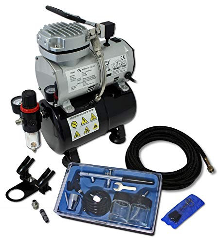 Wiltec Set aerografia Compressore oil free AS189, Aerografo doppia azione, Accessori con tubo e raccordi