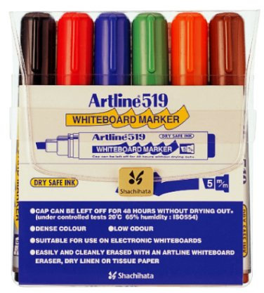 Artline 2.0-5.0mm Chisel Tip Dry Safe Whiteboard Marker - Assorted (Wallet of 6)