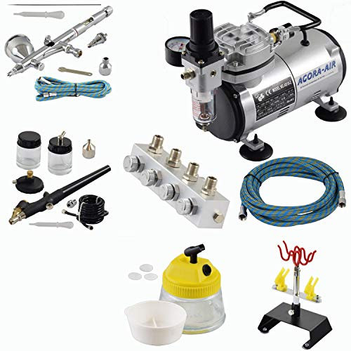 Agora-Tec® Airbrush Komplett-Set EXPERT XVIII.3, inkl. Kompressor mit 4 bar und 20l/min + 2 Airbrushpistolen mit 0,2 & 0,3 & 0,8mm Nadeln/Düsen + regelbaren 4-fach Luftverteiler + 4fach-Halter + Clean-Pot + 2 Schläuche + Adapter