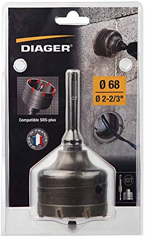 DIAGER – Kit Trépan Carbure – Percez avec précision pour vos Installations Électriques – Trepan + Foret Centreur + Porte Trépan - Diamètre 68mm – Attachement Compatible SDS Plus