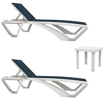 RESOL Marina-Andorra Chaise Longue-Table Auxiliaire Extérieur Set 2+1 | Jardin, terrasse, Plage, Piscine | désign, léger, empilable, inclinable, Roues, Dessous de Verre | STR. Blanche - Text. Jeans