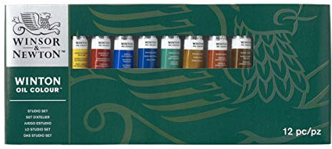 Winsor & Newton Winton - Set Studio de pinturas al óleo , 8 tubos de 21 ml colores surtidos + 1 blanco 37ml + 1 liquin 75ml + 2 pinceles Winton