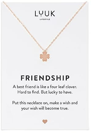 LUUK LIFESTYLE Collier en acier inoxydable avec pendentif trèfle à 4 feuilles et carte FRIENDSHIP, symbole de chance, porte-bonheur, rose
