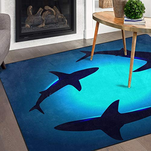 Naanle Ocean Animal Sharks Rutschfester Teppich für Wohnzimmer, Esszimmer, Schlafzimmer, Küche, 99 x 152 cm, Hai, Kinderzimmer, Bodenteppich, Yogamatte