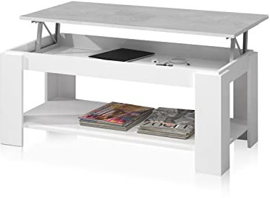Mesa Centro con revistero, Mesa elevable, mesita Mueble Salon Comedor, Acabado en Blanco Artik y Gris Cemento, Medidas: 102 cm (Largo) x 43/54 cm (Alto) x 50 cm (Fondo)