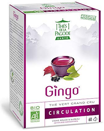 Bio-Gingko-Tee von Thés de la Pagode - Schachtel mit 60 Teebeuteln | Bio-Tee | Verstärkte und Patentierte Formel | Fördert eine Gute Durchblutung, Reduziert den Effekt von Schweren Beinen