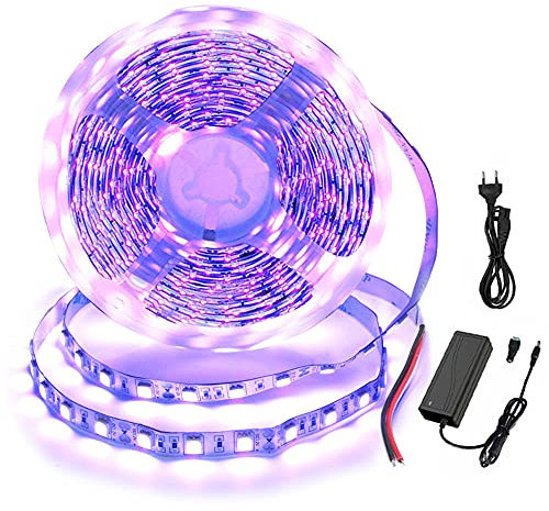 5M UV Schwarzlicht LED Streifen mit Netzteil, Selbstklebend 5050 SMD LED Band IP20, UV Strip 300 LEDs Lichtband Strip Kit für Deko Party Küche Weihnachten