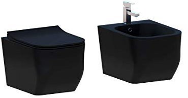 COPPIA SANITARI SOSPESI SENZA BRIDA FORMA SQUADRATA NERO OPACO COPRIVASO SOFT-CLOSE INCLUSO