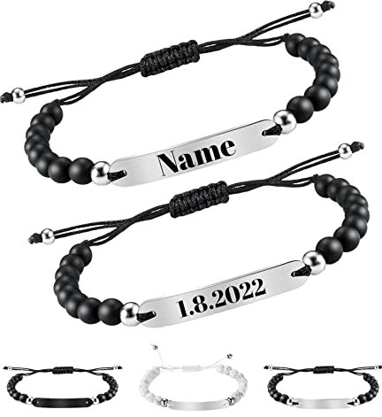 2x Personalisierte Partnerarmbänder mit Gravur | Hochwertiges Pärchenarmband mit Edelstahl Platte | Persönliche Namensgravur | Ideal als Armband für Paare oder Freundschaftsarmband Onyx Weiß
