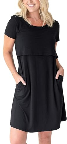 Kindred Bravely Eleanora Ultra Soft Maternity Nursing Dress | Short Sleeve Breastfeeding Dress with Pockets (Black, Medium)
