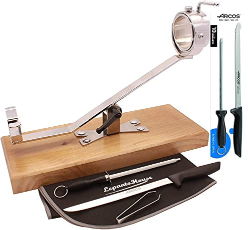 LEPANTO LepantoHouse Soporte Jamonero Future Basculante Giratorio Base Madera Color Nogal para Jamones y Paletillas + Cuchillo Arcos Niza + CHAIRA + Cubre Jamon + Pinza (Madera Nogal)