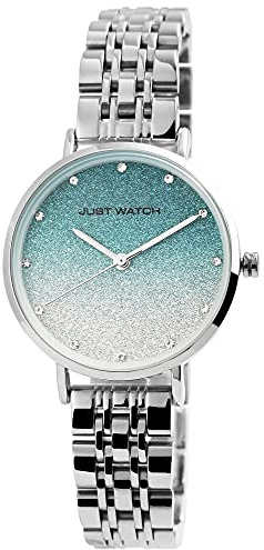 Just Watch Ivory Damen-Uhr Edelstahl Gliederarmband Strass Glitzer Quarz JW10156 (silberfarbig türkis)