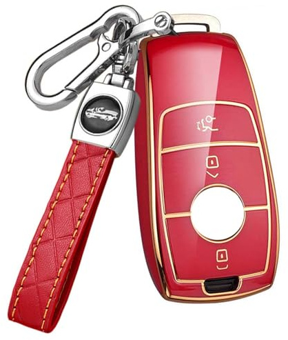 HIBEYO Smart Autoschlüssel Hülle passt für Mercedes Schutzhülle Schlüsselhülle TPU passt für Benz E Klasse S A CLA GLA GLE GLC GLK AMG Schlüsselanhänger Fernschlüssel Fall Schlüsselbox-Rot