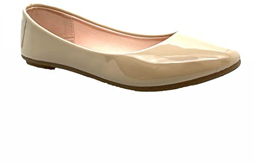 Klassische Ballerinas für Damen, bequem, zum Hineinschlüpfen, flache Schuhe, Beigefarbenes Lack., 39 EU