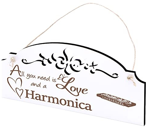 Schild Mundharmonika Deko 20x10cm - All you need is Love and a Harmonica - Holz Wanddeko Dekoration Wand