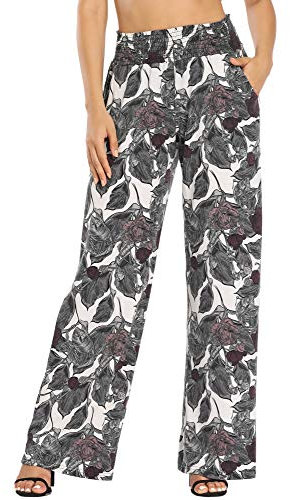 Urban CoCo Palazzo-Hose im Boho-Stil für Damen, weites Bein, Strandhose, hoher Taillenbund, Loungehose mit Taschen, grau und weiß, XX-Large
