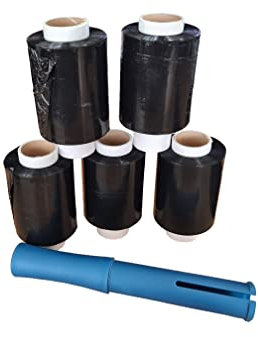 Kortpack | 5 rouleaux de film étirable noir 23 microns x 10 cm x 150 m. + 1 dévidoir emballé – super pour déménagement, emballage, paquets