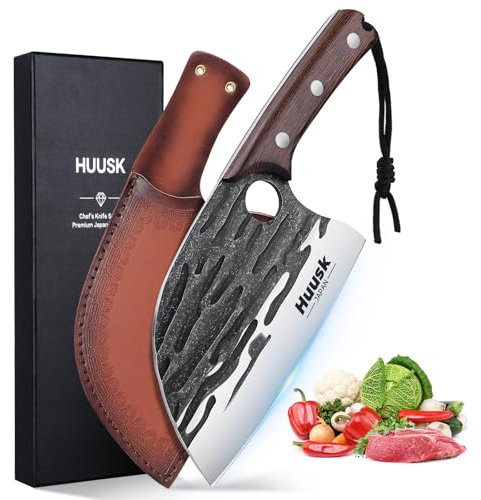 Huusk Verbessertes serbisches Kochmesser, japanisches Fleischbeißmesser zum Schneiden von Fleisch, geschmiedete Metzgermesser mit Scheide, voller Zapfen, Küchenschneidemesser für Zuhause, Kochen im
