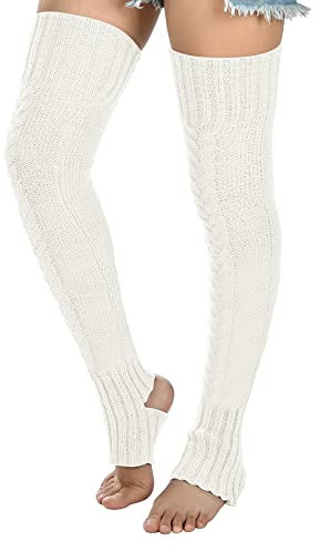 Damen Zopfmuster Oberschenkelhoch Beinstulpen Extra Lang Steigbügel Overknee Hoch Warme Fußlose Socken Strümpfe, Weiß-826, Einheitsgröße