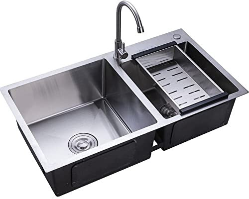 Fregadero de cocina empotrable doble de acero inoxidable con drenaje, empotrable, 78 x 43 x 21 cm
