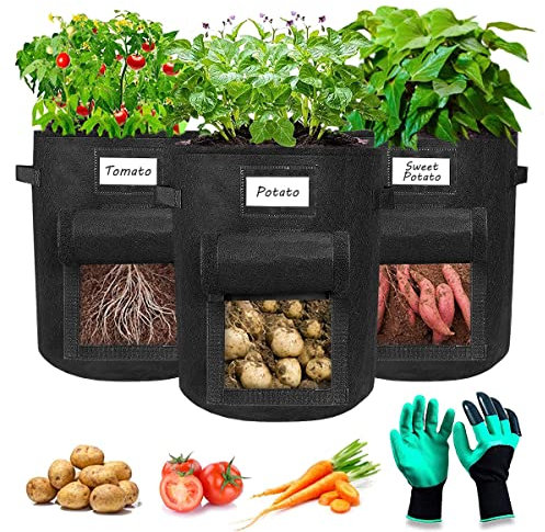 Airminti 3 Stück Kartoffel Pflanzsack 7 Gallonen (27L) mit Stabilen Griffen & Sichtfenster – Atmungsaktiver Vliesbeutel Extra Dick mit Gartenhandschuhe für Kartoffeln, Tomaten – Outdoor, Balkon