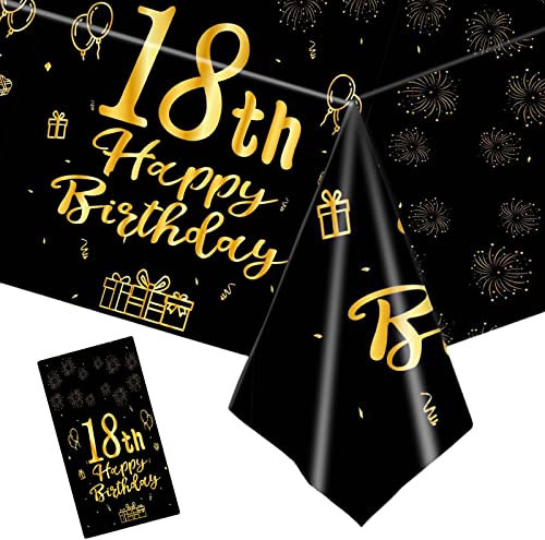 137*274cm Black Gold 18th Birthday Table Cloth for Girls,Boys,18th Birthday Table Decorations Plastic Tablecloths Disposable Tablecover for Girl,Boy,Women,Him,Her 18th Birthday Gifts Party Décor