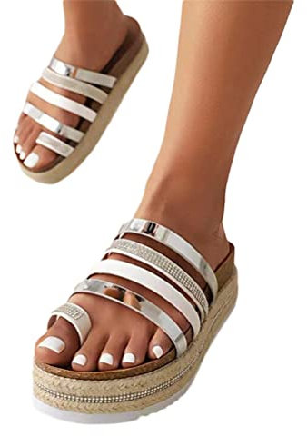 Onsoyours Damen Sommer Plateau Sandalen Keilabsatz Pantoletten Wedges Strass Sandaletten Vintage Freizeit Peep Toe Schuhe Geflochtene Schnur Strandsandalen Hausschuhe B Silber 40 EU