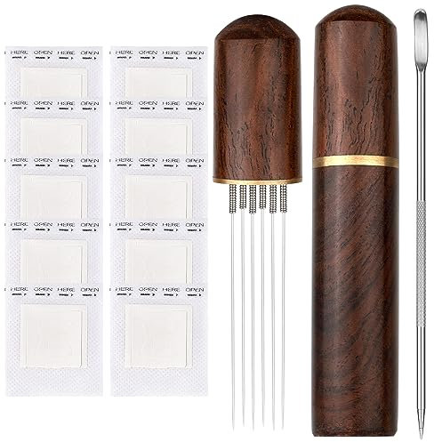 WDT Tool Espresso Coffee Stirrer 6 Needles Espresso Distribution, Tool Coffee Distributor Needle Set with 10 Filter Bags and Stainless Steel Coffee Pulling Pin (Deep Wood Color)