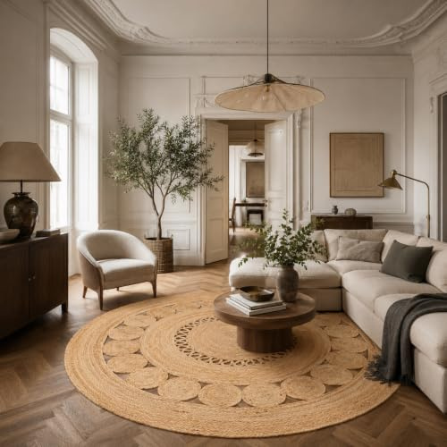 Pergamon Runder Jute Teppich Salsa Trend - Handgefertigt aus strapazierfähiger Naturfaser - Schlichtes Design mit geflochtenem Muster - Verschiedene Größen verfügbar