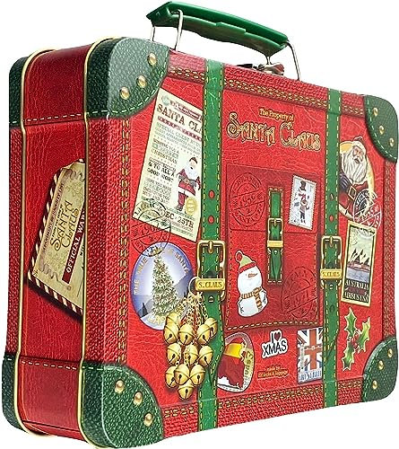 MediMuc Santas Koffer- Keksdose mit bunten Stickern, Griff und Schnappschloss - lebensmittelecht - Vol. 2,0l - Maße: (L x B x H): 20,7 x 16,0 x 6,2cm