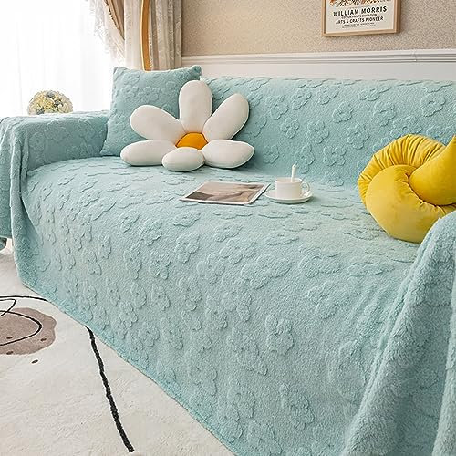 Mesnt Sofabezug 4 Sitzer Big Sofa, Chenille Sofaüberwurf Decke Couch Einfarbiges Blumenmuster Hellblau, 180x420CM