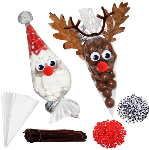 ALANGDUO 500 Stück Süßigkeiten Tüten Weihnachten, Cellophantüten Transparent Weihnachten, Cone Cellophantüten Bonbons mit Pfeifenreiniger Wackelaugen Selbstklebend Rote Pompons, 25x13cm