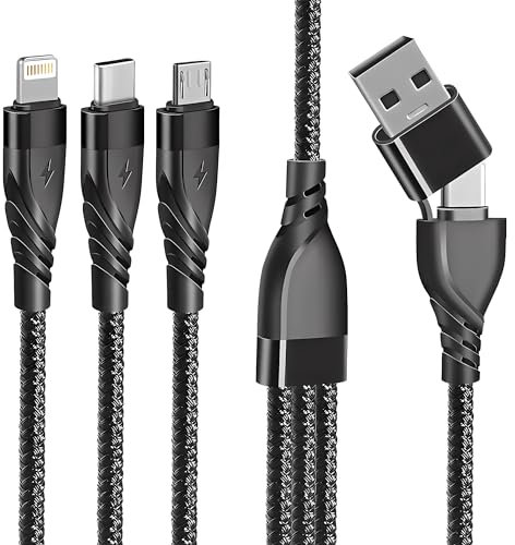 Câble Multi USB A/C Embout - Cable 3 en 1, 5 en 1 de charge 5V/3A - USB A ou USB C (Type-C) vers USB-C/Micro USB/Lightning compatible Apple pour iPhone, iPad, Android Samsung (NOIR) (NOIR)