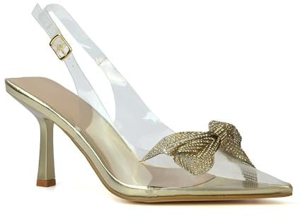 Womens Clear Slingback Heels Ladies Pointed Toe Gold Perspex Jewel Bow Court Shoes Size 6