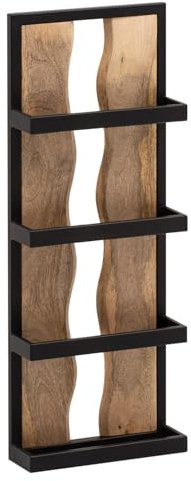 FineBuy Wandregal 30x80x10 cm Mango Massivholz/Metall Hängeregal Industrial, Design Schweberegal Rechteckig, Regal Hängend Wohnzimmer, Holzregal Wand mit 4 Ablagen & Wellenmuster