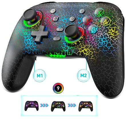 Megadream Wireless Controllers for Switch/PC/PS-4, Unique LED Cracked Design for iOS Android Switch Remote, Bluetooth Game Gamepad Joystick for iPhone/Switch Lite/Wired PC with Programmable - Black