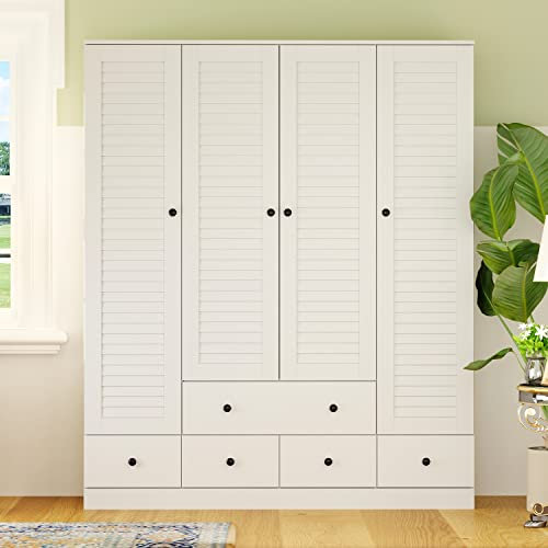 Großer Kleiderschrank Garderobenschrank mit 4 Türen,3 Schubladen, Hängestangen und Einlegeböden, Schlafzimmerschrank mit schwarzen Griffen für das Schlafzimmer, 150cm B x 50 cm T x180 cm H,weiß, MDF