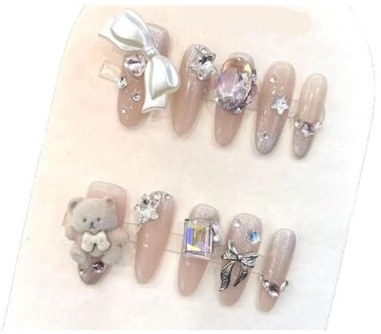 Handmade nail art plush teddy bear full of diamonds explosive and shiny long detachable fake nails, finished batch of 10PCS (Size : L)