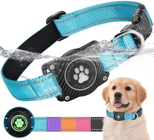 Ytanest Leuchtend Wasserdicht Airtag Hundehalsband, Verstellbar Reflektierend Air Tag Halter Halsband Reflektierend für Kleine Mittler Große Hund, Blau, M