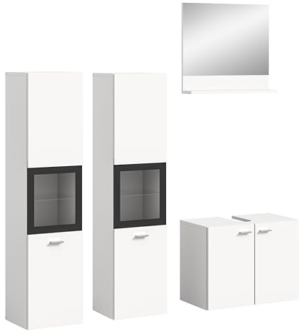 xonox.home Badezimmer Boston 4tlg. Kombination Badmöbel Set kleine Bäder Komplettprogramm Bademöbel-Set in weiß Nb. bodenstehend hängend montierbar ca.137x186x33 cm