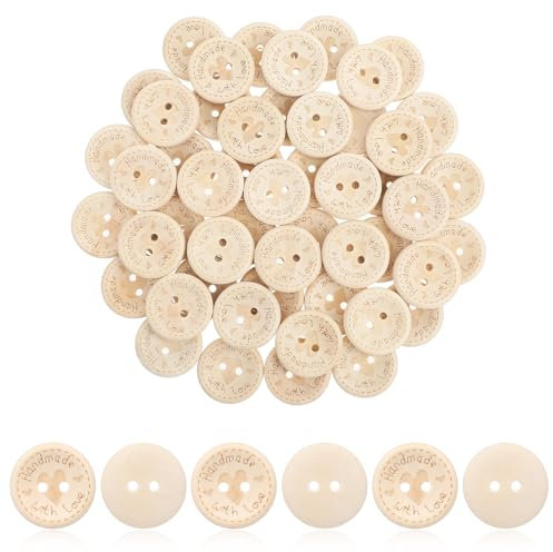 Knöpfe Handmade, 50 Stück Holzknopf 20mm Handmade with love Holz Knöpfe zum Annähen Runde Kleidung Knöpfe mit 2 Lochknöpfe für Nähen Stricken DIY Bastelarbeiten Handtaschen