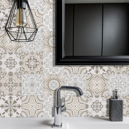 Piastrelle Adesive Cucina 10x10cm Beige Marocchino Piastrelle Adesive Bagno Impermeabile Pavimento pvc Adesivo Mobili Decorazione Mattonelle Adesive Antiolio Piastrelle Adesive (10 Pezzi)