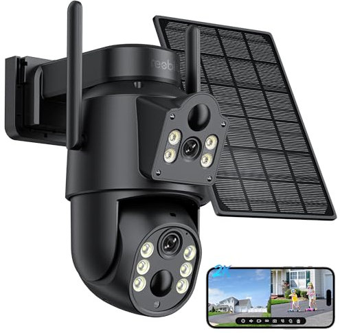 Reobiux Solar Security Camera Outdoor Wireless 2K Dual Lens Solar Security Camera, Solar Battery Powered with PIR Detection,Color Night Vision, Two-Way Audio, IP66