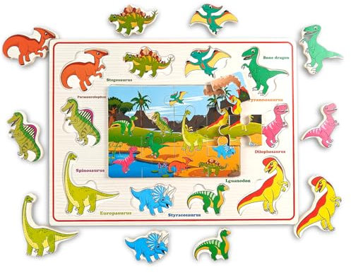 2 in 1 Holzpuzzles für Kinder Ab 3 Jahren - Puzzle-Set aus Holz, Lernspielzeug für 3-6 Jährige, Pädagogisches Vorschul-Spielzeug für Jungen und Mädchen (Dinosaurier)