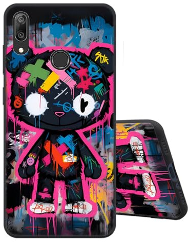 Sinyunron Hülle Kompatibel mit Huawei Y7 2019 Handyhülle Silikon Schwarz Matte Rückseite mit Muster,Weiche Stoßfest Kratzfest Schlanke Softschale TPU Schutzhülle,Kleiner Bär
