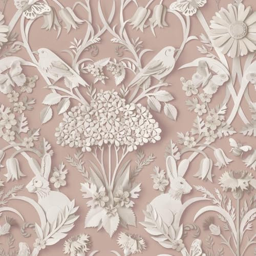 Woodland Pink Wallpaper - Floral Leaves Flowers Rabbits Animal Print - Naturistic Stylish Feature Wall