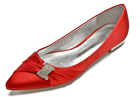 ZhiQin Red,9 UK,Satin Bridal Shoes Ballet Flats Pumps Women Pointed Toe Slip on Everning Dress Shoes with Rhinestone