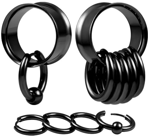 DOEARKO Flesh Tunnel 1 Paar Mit 10 Ringen Edelstahl Double Flared Ohr Plug Ohrpiercing Gestreckte Schmuck für Frauen und Männer 14mm Schwarz